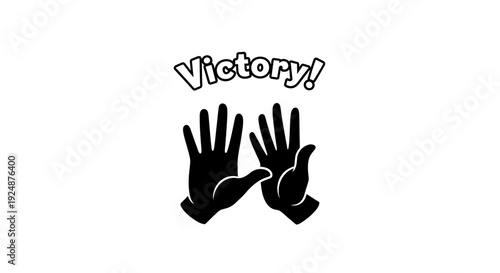 Victory Hands Gesture with Text - Black and White Icon