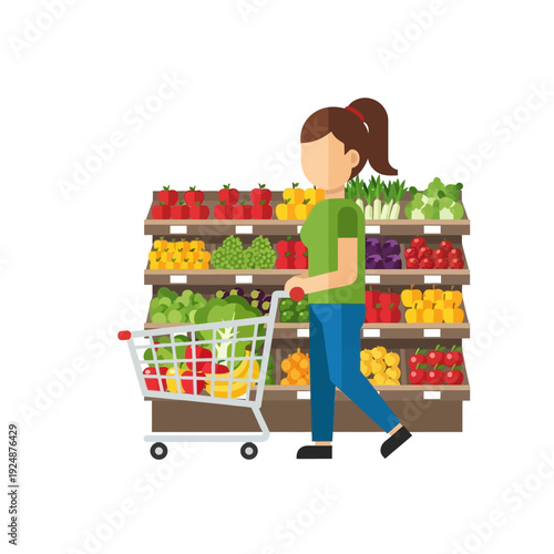 Woman Pushing Shopping Cart Filled with Fresh Produce in Grocery Store Aisle