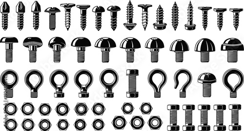 Screw bolt nut and fastener hardware collection detailed mechanical parts vector illustration set industrial engineering construction tool outline design pack