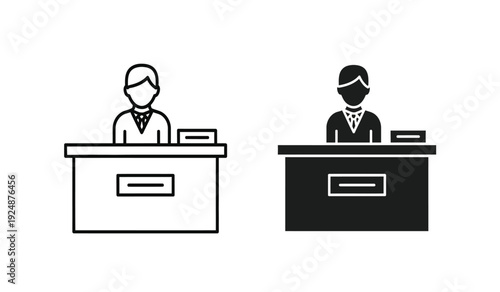 Two business people sitting at desks in line style icons for customer service or banking concept