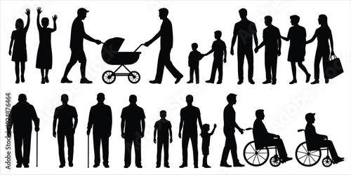 Diverse Group of Human Silhouettes Including Families and Wheelchairs Keywords: people, silhouette, human, family, child, adult