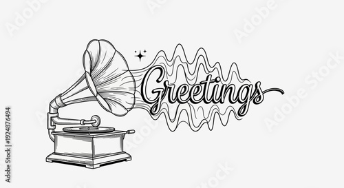 Vintage Gramophone Emitting Sound Waves with the word Greetings