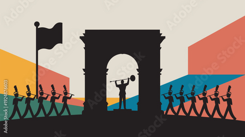 A marching band performs in front of an archway with a flag waving in the background.