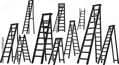 Collection of various ladders in different sizes and positions