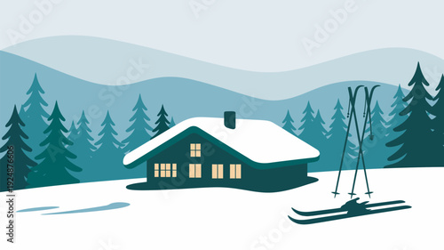 A cozy snow-covered cabin in a serene winter landscape with skis and trees