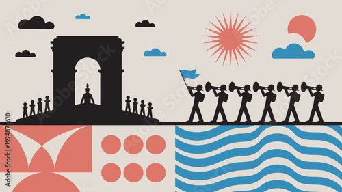 A vibrant illustration of people marching towards a monumental arch under a sunny sky with various abstract patterns