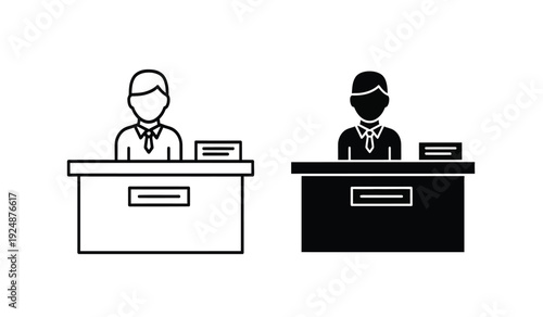 Two business people sitting at counters in black and white line art style