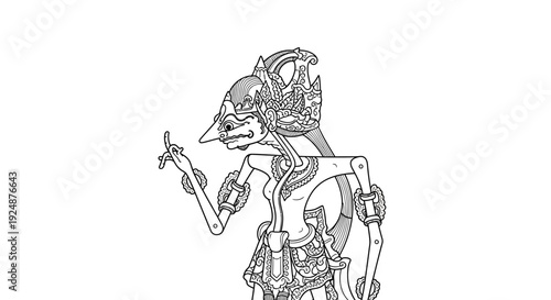Traditional Indonesian Wayang Kulit Puppet Character Outline Drawing