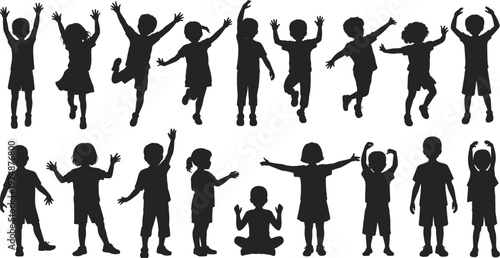 Diverse silhouettes of happy jumping and standing children on a white background kids