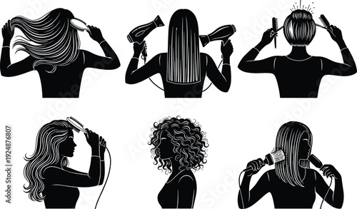 Women hair styling silhouettes collection with hairdryer brush curling and beauty salon hairstyle routine black vector illustration set isolated