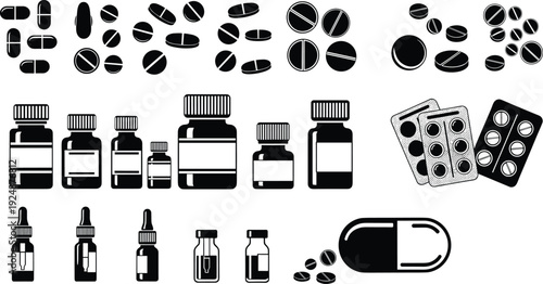 Medicine pills capsules bottles and blister pack icon set medical pharmacy drug treatment healthcare silhouette vector collection isolated illustration