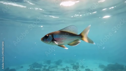 Tranquil underwater scene of a tropical fish swimming gracefully near the ocean floor with glimmering sunlight