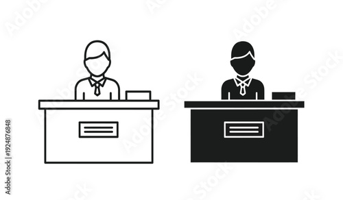 Two business people sitting at desks in black and white line art style