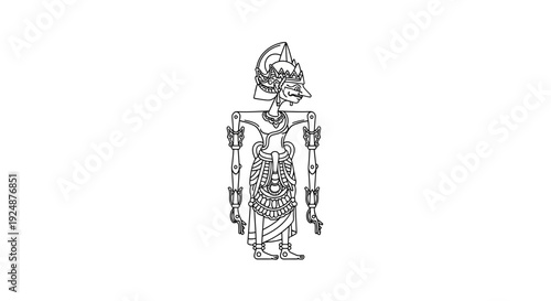 Traditional Indonesian Wayang Kulit Puppet, Outline Drawing, Cultural Art