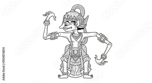 Traditional Indonesian Wayang Kulit Puppet, Outline Drawing, Cultural Art