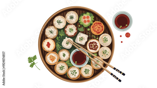 Top-down view of a traditional bamboo steamer filled with a variety of delicious Asian dumplings and dipping sauces with chopsticks.
