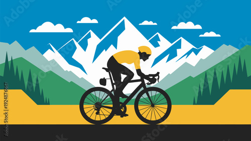A cyclist rides a bike on a yellow road with a mountain range in the background under a blue sky
