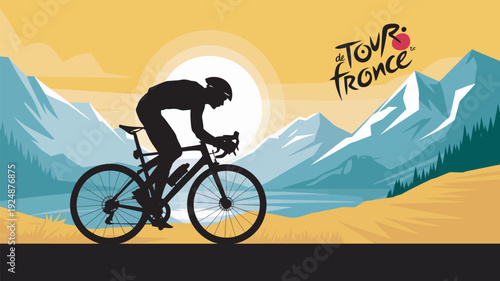 A cyclist rides through a scenic mountain landscape during a vibrant sunset