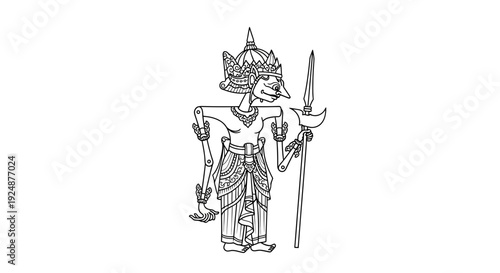 Traditional Indonesian Wayang Kulit Shadow Puppet Character with Spear and Axe