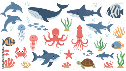 Large collection of cute cartoon sea animals and ocean elements, including a whale, shark, dolphin, octopus, turtle, and coral.