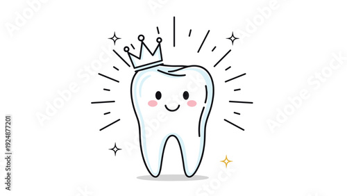 Adorable kawaii cartoon tooth character with a smiling face, wearing a little crown and sparkling, promoting dental health care.