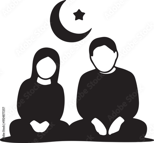 Muslim couple sitting on prayer mat under crescent moon and star silhouette vector illustration
