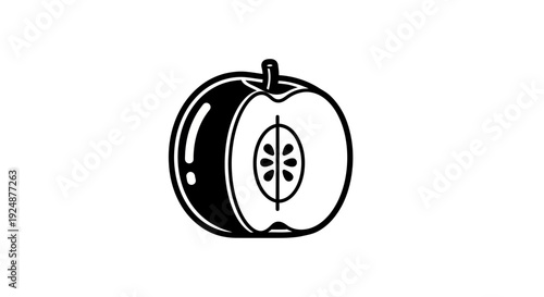 Stylized Black and White Apple Cut in Half, Showing Seeds and Core
