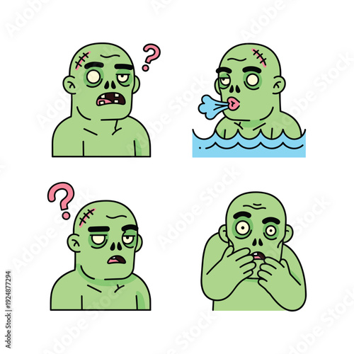 Frankenstein's monster showing various emotions and reactions with question marks
