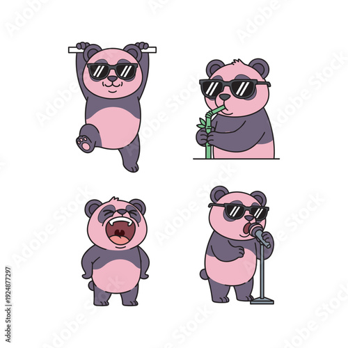 Cool cartoon panda set exercising and having fun in trendy sunglasses
