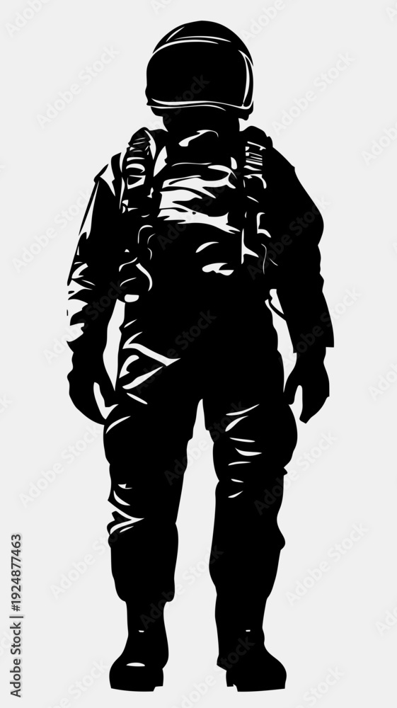 Fototapeta premium Silhouette of pilot in full flight suit and helmet with gear standing upright isolated on white background vector illustration in minimalist style