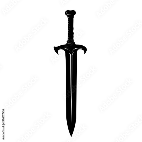 Black silhouette of medieval sword with curved guard flat minimalist vector design on white background weapon sharp blade illustration for fantasy and historical themes