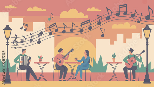 A vibrant illustration of musicians playing instruments in a city square at sunset with a lively atmosphere