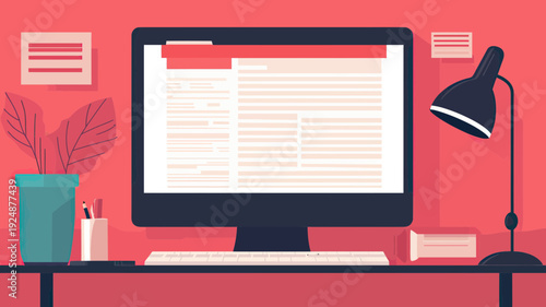 Minimalist Workspace with Desktop Computer, potted plant, desk lamp, keyboard, and stationery on red background flat vector banner