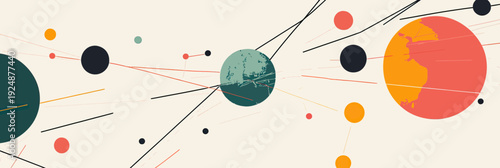 Abstract minimalist digital global connection network with colorful planets and intersecting thin lines representing communication and technology concepts in flat vector style