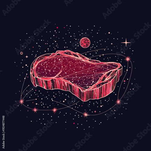 Abstract wireframe steak illustration with cosmic starry sky constellation background digital art food concept vector design