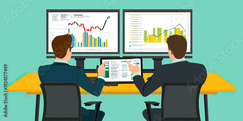 Two business men analyzing financial bar and line charts on dual monitors with printed report in modern office setting flat vector illustration