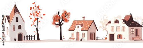 Minimalist vector illustration of small town houses with autumn trees and benches in flat style isolated on white background cityscape design