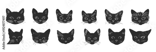 Minimalist black and white vector illustration of various cat head silhouettes with distinct facial features and ear shapes isolated on white background
