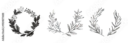 Hand drawn black and white botanical wreaths set with holly leaves, minimalist olive branch leaves, and eucalyptus style leafy garlands vector illustration for nature and holiday design