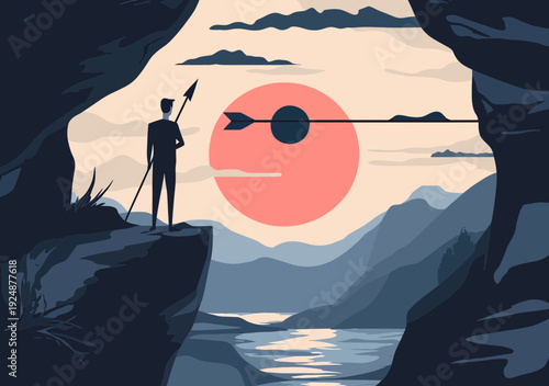 Silhouette businessman standing on cliff holding spear aiming at distant arrow target over sunset landscape concept of focus determination and goal achievement