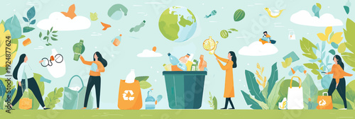 People collecting plastic recycling waste in bins outdoors with environmental conservation and eco friendly concept in flat cartoon vector illustration style