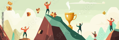 Mountainside teamwork with people assembling puzzle pieces and celebrating success near golden trophy in flat vector illustration