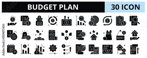 30 Budget Plan Glyph Icons Vector - Income, Expense, Saving, Allocation, Spending, Forecast, Investment, Adjustment