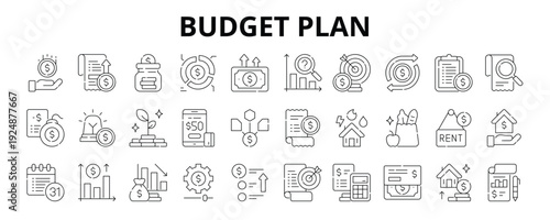 30 Budget Plan Line Icons Vector - Income, Expense, Saving, Allocation, Spending, Forecast, Investment, Adjustment