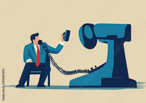 Businessman telephone interview concept with oversized vintage phone handset, professional candidate answering call in minimalist flat vector style