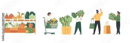 Customers selecting fresh organic vegetables and groceries at supermarket shelves and using shopping carts and bags for eco friendly produce shopping
