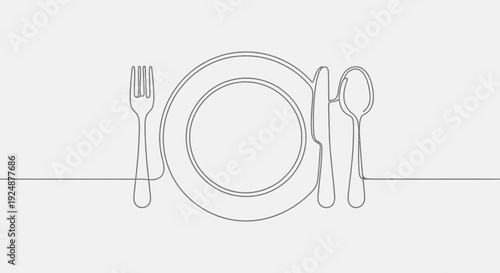 Minimalist Single Line Drawing of a Plate with Cutlery - Elegant Dining Setup