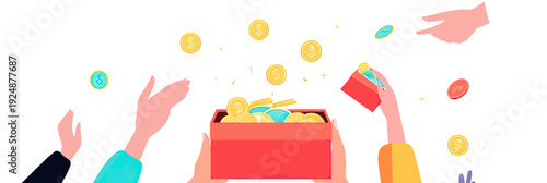 Hands holding red donation box filled with coins while multiple hands drop money coins into box charity donation concept flat minimalist vector illustration