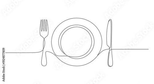 Minimalist single line drawing of a plate with fork and knife, representing dining and food
