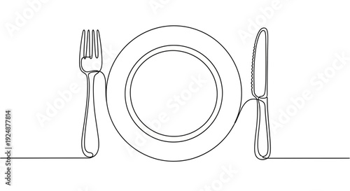 Minimalist single line drawing of a plate with fork and knife, representing dining and food.